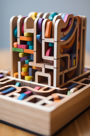 Wooden building blocks on a wooden table. Educational toys for children.の素材