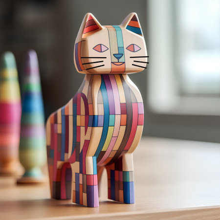 Wooden cat with multicolored pattern on a wooden table.の素材