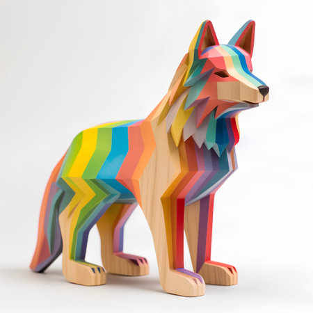 Colorful wooden dog isolated on white background. 3D rendering.の素材