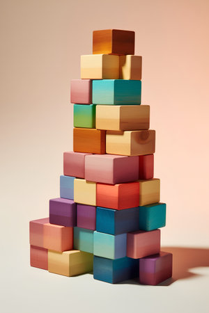 Colorful wooden toy cubes in the form of a Christmas tree.の素材