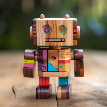 Wooden toy robot on wooden background. Concept of artificial intelligence.の素材