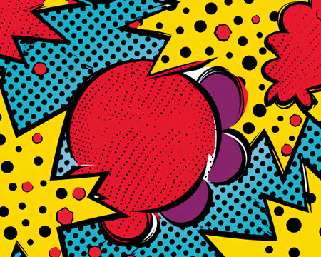 Pop art colorful comics book style blank speech bubble with rays and dots background.の素材