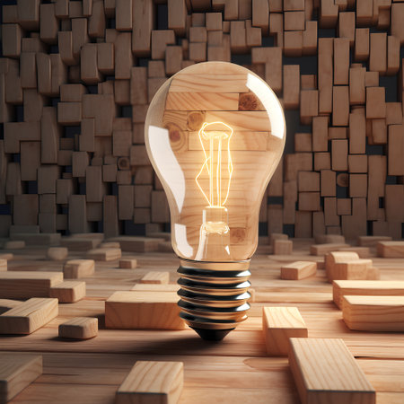 Light bulb on wooden background. 3d illustration. Idea concept.の素材