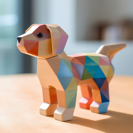 Wooden toy dog on a wooden table in the living room.の素材