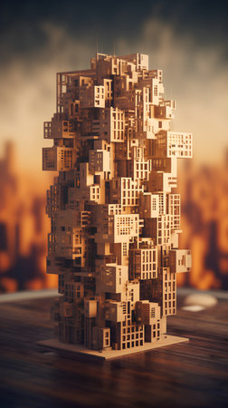 3d render, abstract cubes on the background of the city.の素材