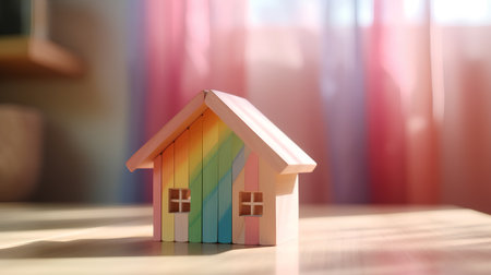 Wooden toy house on a light background. The concept of real estate.の素材