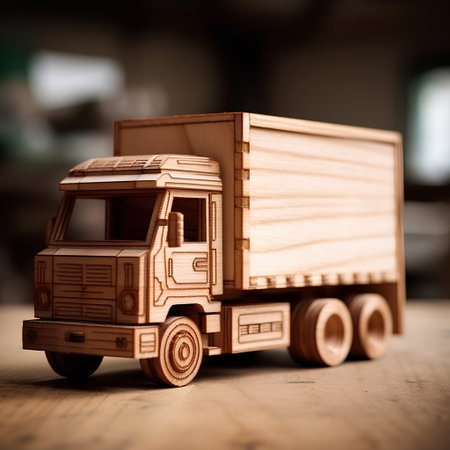 Wooden truck on a wooden background. Transportation and logistics concept.の素材