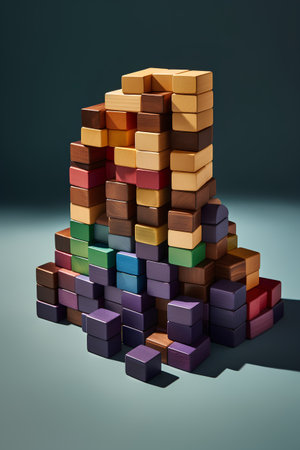 Wooden building blocks stacked on top of each other. 3d illustrationの素材
