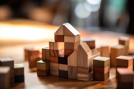 Wooden toy blocks in the shape of a house on the tableの素材