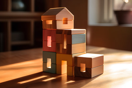 Wooden building blocks in the shape of a house on the tableの素材