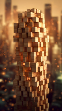 Abstract 3d rendering of geometric shape made of wooden cubes. Futuristic background.の素材