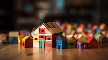 Wooden toy houses on a wooden table. Real estate concept.の素材
