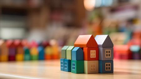 Colorful wooden toy houses on a wooden table in front of a blurred backgroundの素材