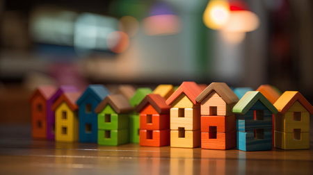 Wooden toy houses on a wooden table. Selective focus.の素材