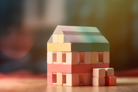 Wooden toy house on a blurred background. Real estate concept.の素材