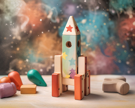 Wooden toy rocket on the background of the stars and space.の素材