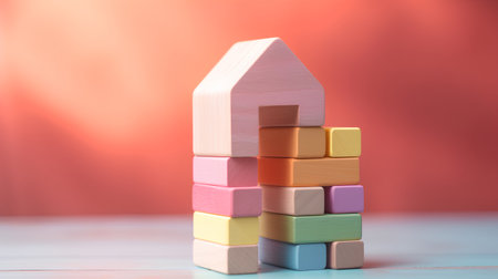 Wooden building blocks in the shape of a house on a red backgroundの素材