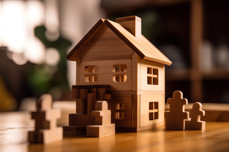 Wooden toy house and wooden puzzle pieces on a wooden table.の素材