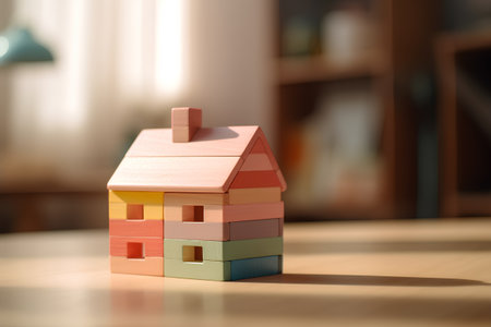 Wooden toy house on the table in the living room. Real estate conceptの素材