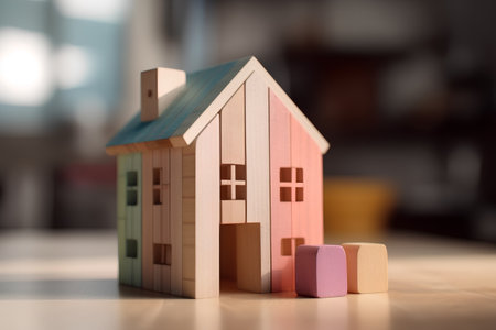 Wooden toy house on the table. Real estate concept. Selective focus.の素材