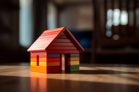 Wooden toy house on a wooden table in the background of the roomの素材