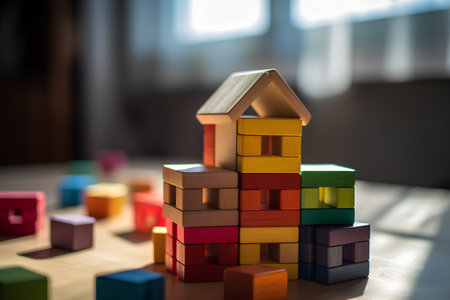 Wooden building blocks on the table. The concept of building a house.の素材