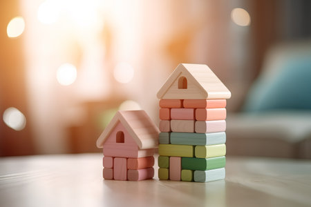 Wooden toy house on the table in the living room. 3d renderingの素材