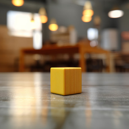 Yellow cube on wooden table in coffee shop background. 3d renderingの素材