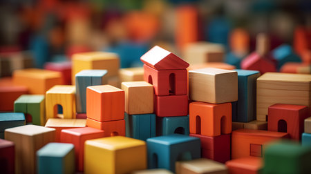 Colorful wooden toy blocks on a blurred background. Close-up.の素材