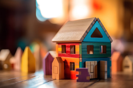 Wooden toy houses on a wooden background. Selective focus.の素材