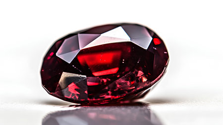 Macro shot of a faceted red ruby isolated on white backgroundの素材