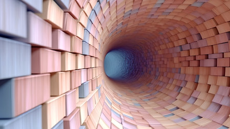 A 3d render of a tunnel made of cubes and bricks.の素材