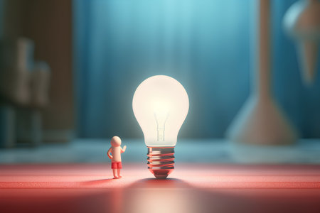 3d rendering of a man standing in front of a light bulbの素材
