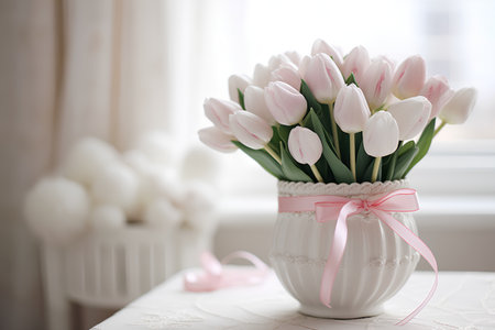 Bouquet of pink tulips in a vase on the tableの素材