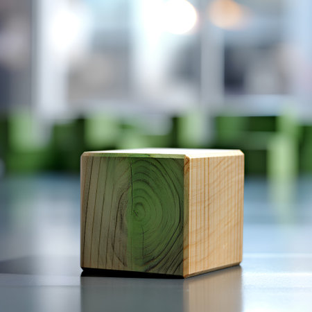 Wooden cube on the table in the office. 3d renderingの素材