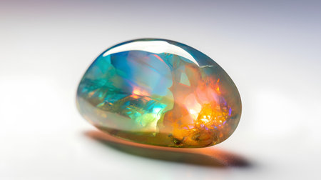 Macro shot of a gemstone on a white reflective background.の素材