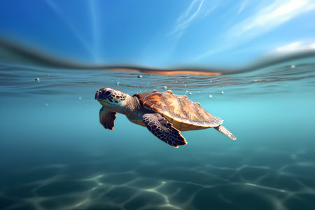 Sea turtle swimming in the ocean. 3D render of sea turtleの素材
