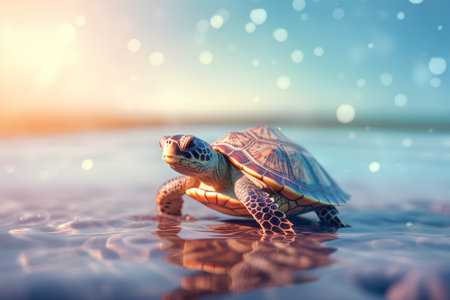 Turtle in the water on a background of a beautiful sunset.