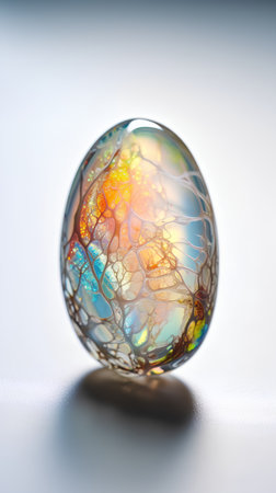 3D illustration of crystal egg with colorful veins on the white backgroundの素材