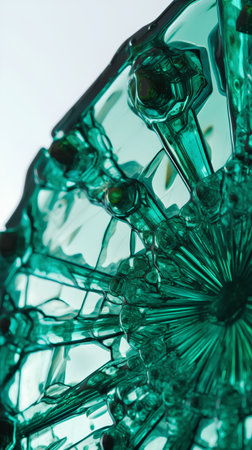 Close-up of broken glass on white background. Abstract background.の素材