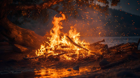 Bonfire on the shore of the lake in the forest at sunsetの素材