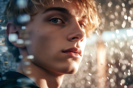 Close-up portrait of a handsome young man looking through the rain.の素材