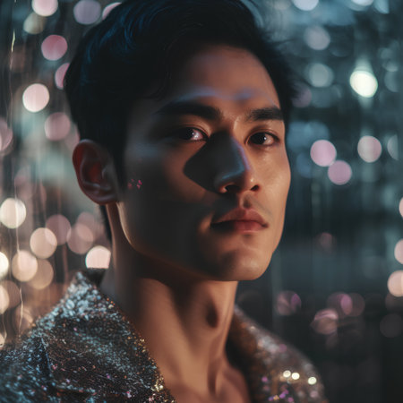 Portrait of a handsome asian young man in a shiny jacketの素材