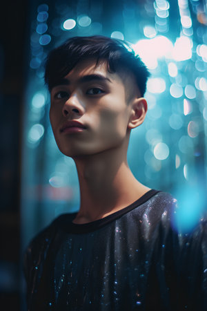 Portrait of a handsome young asian man in a black shirt.の素材