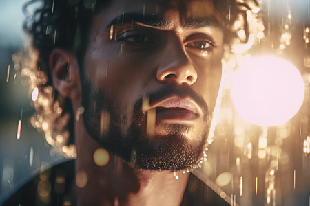 Close-up portrait of a handsome African American man under the rain.の素材