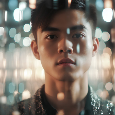 Portrait of a handsome asian man looking at camera with bokeh backgroundの素材