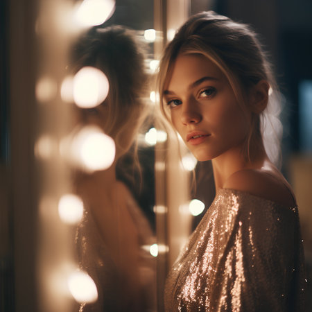 Beautiful young woman in evening dress looking at her reflection in the mirror.の素材