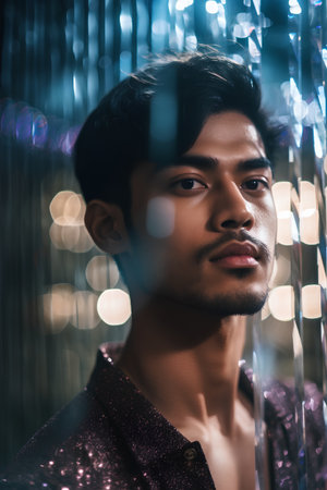 Portrait of a handsome young asian man in a night club.の素材