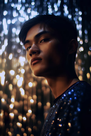Portrait of a young asian man on the background of lights.の素材