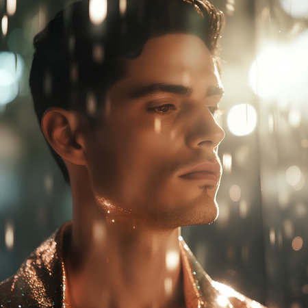 Portrait of a handsome young man in the rain. Men's beauty, fashion.の素材